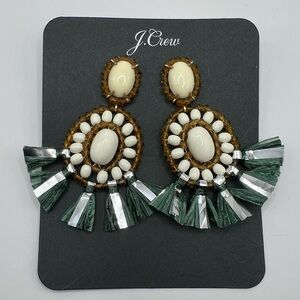 NWT! J. Crew Bead and Raffia Fringe Stone Drop Earrings And Dust Bag